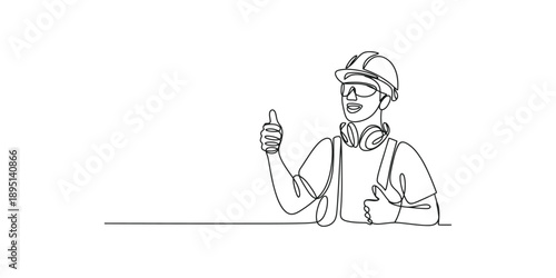 Continuous line art of a smiling construction worker giving thumbs up, symbolizing approval
