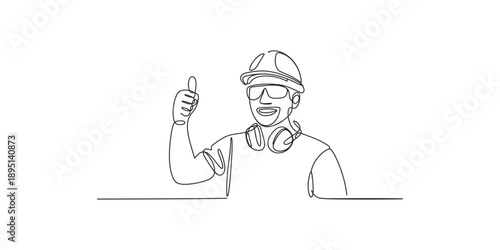 A single line drawing of a happy construction worker wearing a hard hat and giving a thumbs up sign