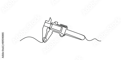 A minimalist continuous line illustration showing a digital caliper precisely measuring a flowing, curved path.