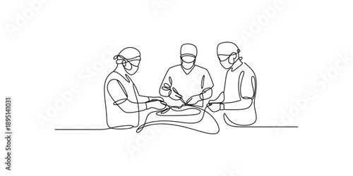 A continuous line art drawing of a team of surgeons performing an operation