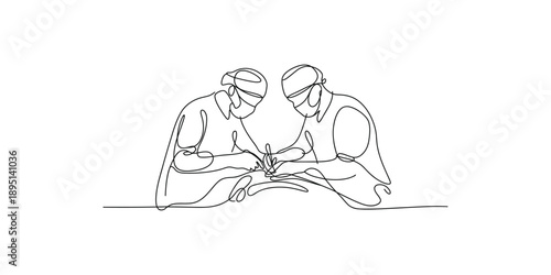 Continuous line art drawing of two surgeons performing a delicate operation