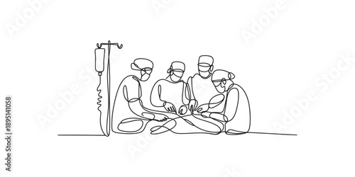 Continuous line drawing of a surgical team performing an operation in the operating room