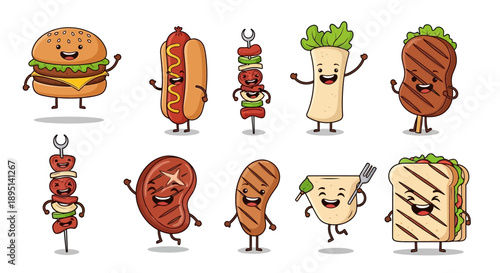 Cartoon Fast Food Characters with Facial Expressions.