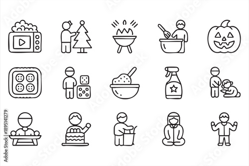 Family and Household Seasonal Activities Line Icons Set