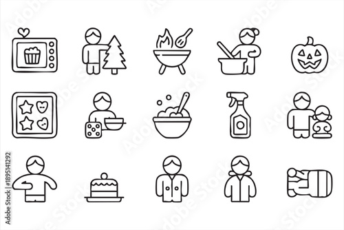 Everyday Family Life and Home Activities Outline Icons
