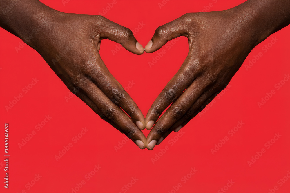Obraz premium African American hands making a heart gesture with hands on red background. Banner template of love, care with copy space. Symbol of affection for Valentines Day or Mothers Day greeting card.