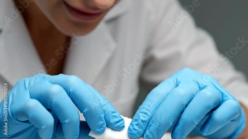 Wounded fledgling being bandaged by hands wearing blue gloves