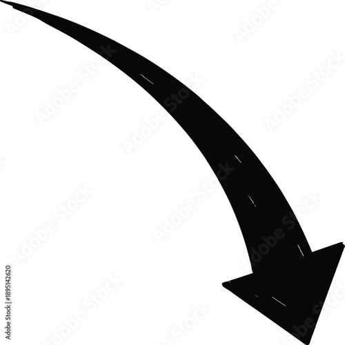 Curved black arrow vector illustration, bold directional symbol, downward motion graphic for presentation, web, print, or instructional design use