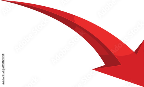 Curved red arrow vector illustration, dynamic downward motion, bold gradient style, attention direction symbol for web, print, or presentation use