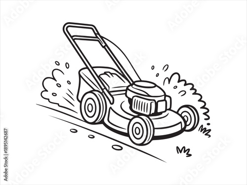 Lawn Mower Cutting Grass Silhouette, Push lawn mower silhouette illustration showing manual grass cutting machine vector illustration 