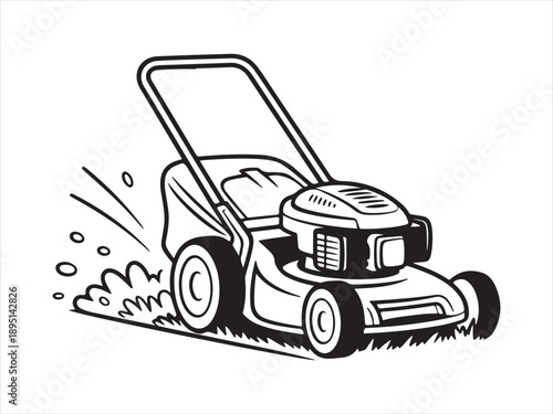 Lawn Mower Cutting Grass Silhouette, Push lawn mower silhouette illustration showing manual grass cutting machine vector illustration 