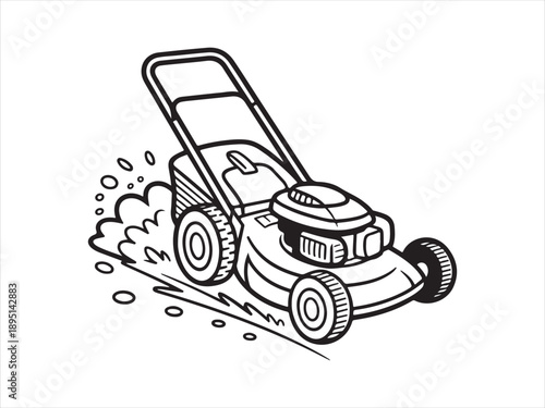 Lawn Mower Cutting Grass Silhouette, Push lawn mower silhouette illustration showing manual grass cutting machine vector illustration 