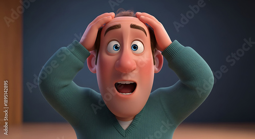 A 3D animated cartoon man with wide eyes and open mouth, holding his hands to his head in a state of shock or surprise.