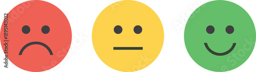 Emoticon faces in red, yellow, green circles, sad, neutral, happy expressions for feedback, survey, emotion design