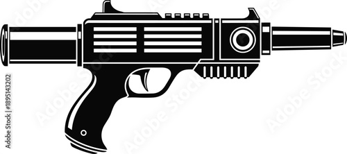 Futuristic ray gun silhouette illustration, retro science fiction weapon design icon, abstract laser pistol concept, minimal graphic style, isolated on white