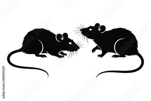 Two black silhouettes of mice facing each other on a white background