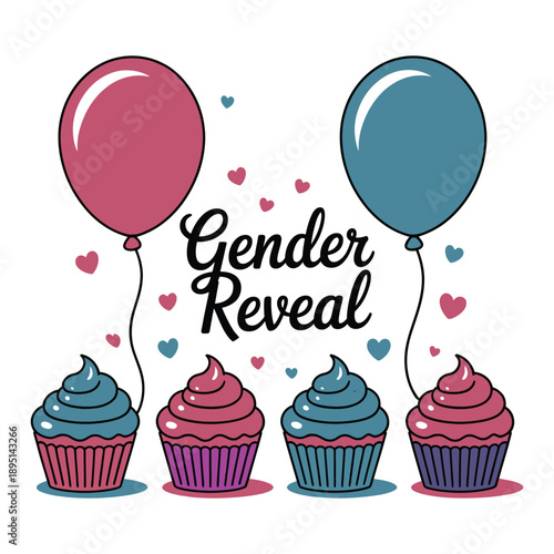 A colorful illustration of cupcakes and balloons celebrating a gender reveal party