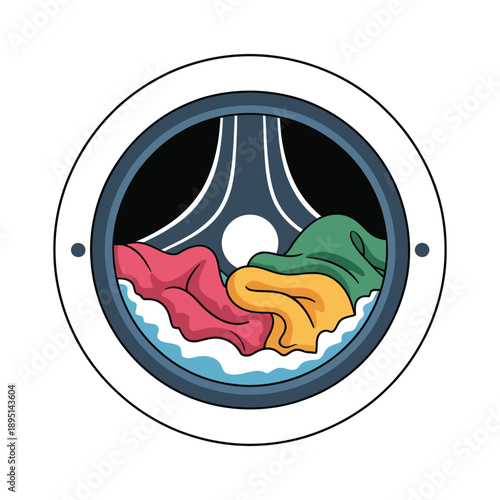 A colorful illustration of laundry in a washing machine drum with vibrant clothes and soap suds.