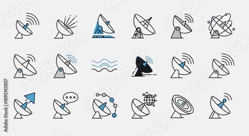 Satellite Dish Antenna Communication Technology Icons.