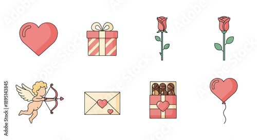 Valentine's Day Icons: Heart, Rose, Cupid, Gift Box, Balloon, Love Letter