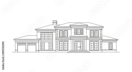 Architectural drawing of a large luxury modern house with garage.