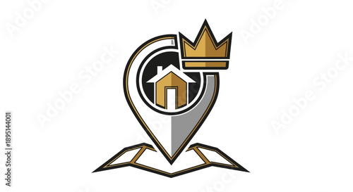Royal Location Pin With House and Crown Icon.