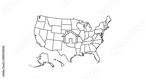 House icon on United States map illustration.