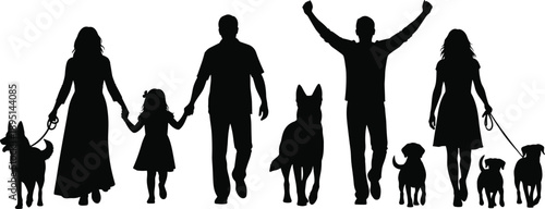 Silhouette of family walking together with dogs, showing lifestyle, companionship, pet ownership, love, unity, outdoor activity, happiness, and modern family life