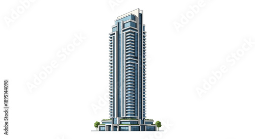 Modern Tall Skyscraper Building with Glass Facade and Balconies.