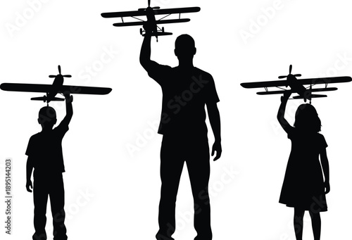 Silhouette of father and children holding toy airplanes, symbolizing childhood dreams, imagination, aviation passion, family bonding, playtime, and future aspirations