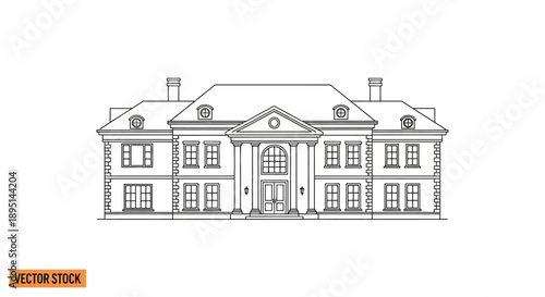 Elegant Classical Mansion Architectural Drawing Facade.