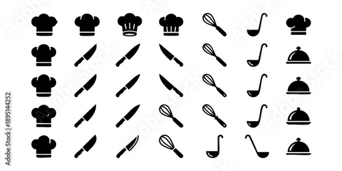 Collection of black chef hats and kitchen utensils arranged in a grid pattern on a clean background, viewed from directly above.