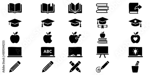 Collection of educational icons representing learning and teaching tools in a grid layout