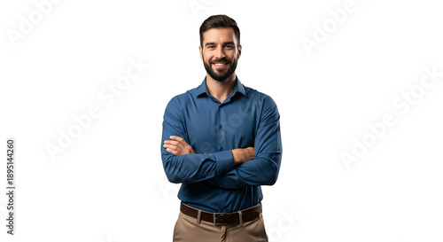 A confident man standing with his arms crossed on transparent background