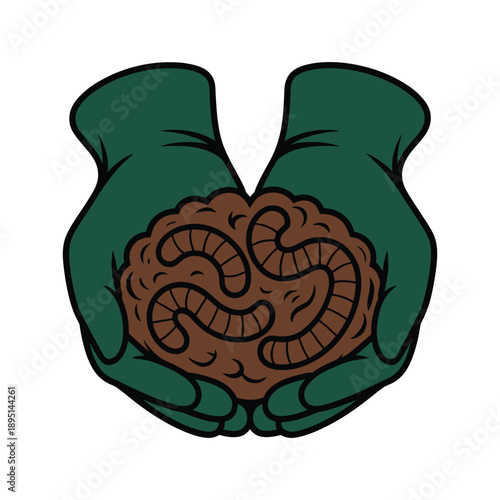 A pair of green hands holding a brown intestine on a white background