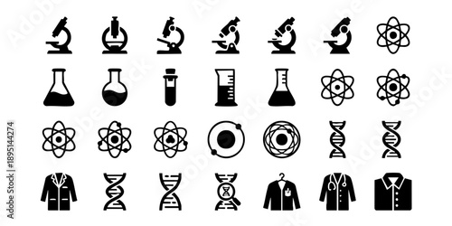 Collection of scientific icons representing laboratory equipment and professionals in a minimalist style