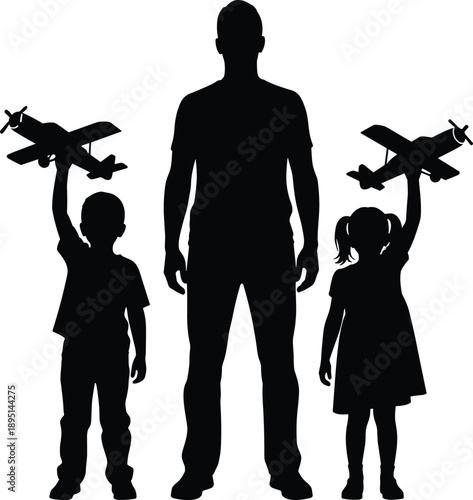 Silhouette of father standing with children holding toy airplanes, representing imagination, childhood dreams, aviation interest, family bonding, inspiration, and future goals