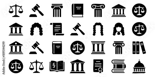 Collection of black and white law and justice icons on a white background displayed in a grid pattern
