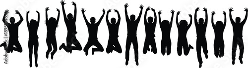 Silhouette of joyful group of people jumping together with raised hands, symbolizing happiness, freedom, celebration, success, unity, and positive energy