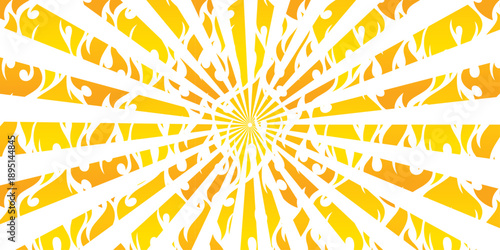 An abstract sun vector illustration features a bright orange and yellow sunburst design with warm summer rays and energy beams radiating like a star explosion in a vibrant sunrise pattern