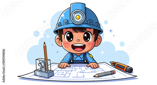 Cute cartoon construction worker boy with blueprints and tools.