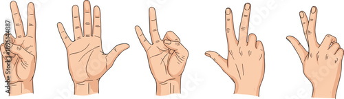 Illustrated hands showing numbers one to five with playful finger gestures and humorous misspelled labels on white educational background