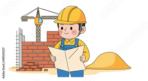 Young Male Construction Worker Holding Blueprint Document.