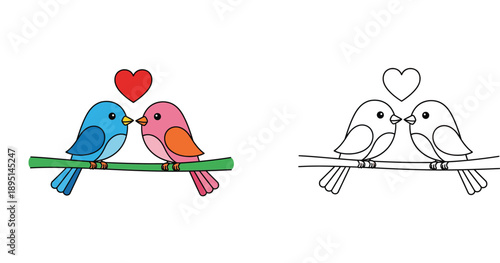 Cute lovebirds kissing on branch with heart coloring page vector. Kawaii cartoon animals for Valentine's Day and kids activity.