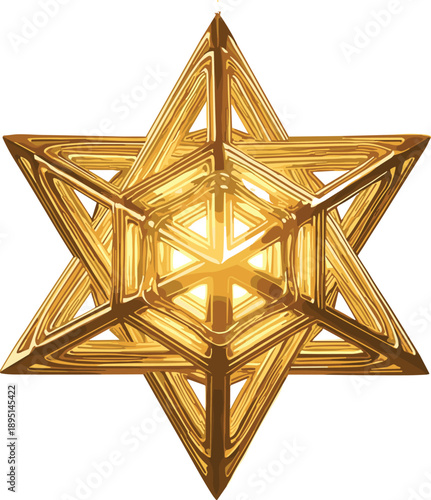 Golden stellated polyhedron with interlocking triangular elements, symmetrical 3D star structure, glowing geometric design