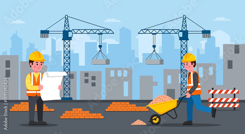 Construction Workers Building Site Flat Illustration.