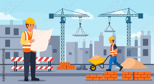 Construction workers on a building site planning and working hard.