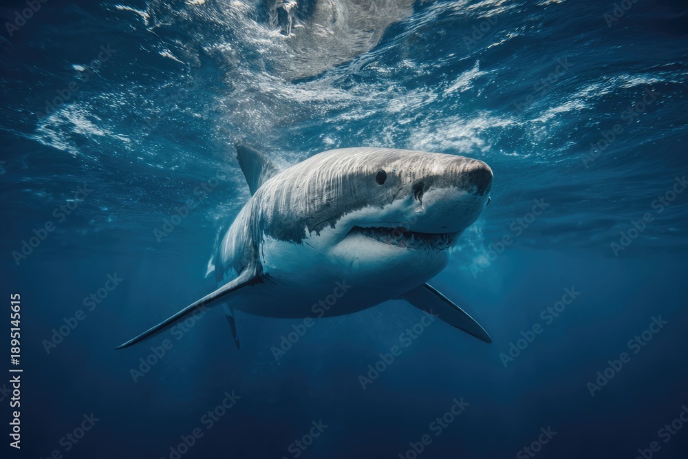 Fototapeta premium Great white shark in deep blue ocean