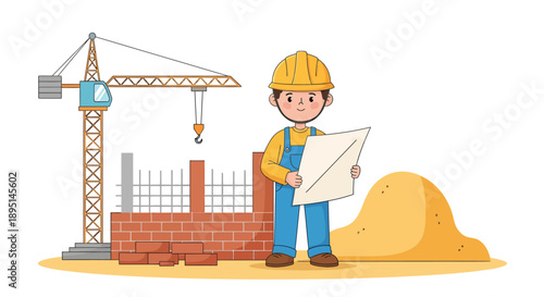 Young Male Construction Worker Holding Blueprint Document at Building Site.