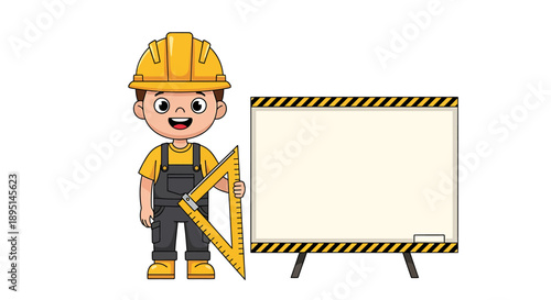 Happy young construction worker cartoon character with helmet and ruler next to a blank whiteboard.